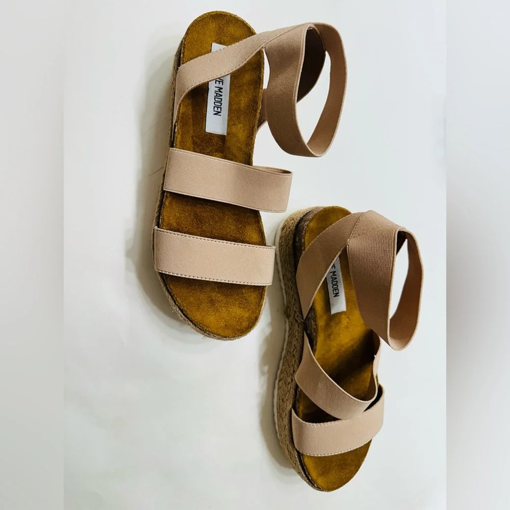 Steve Madden Sandals Wedge Beige Tan Chunky Summer Espadrilles Open Toe Size 8